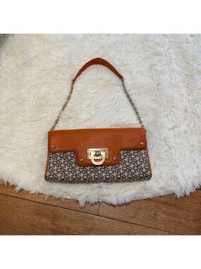 DKNY Monogram Shoulder Bag‎ Vintage Y2K Orange Leather Trim Small Purse Womens